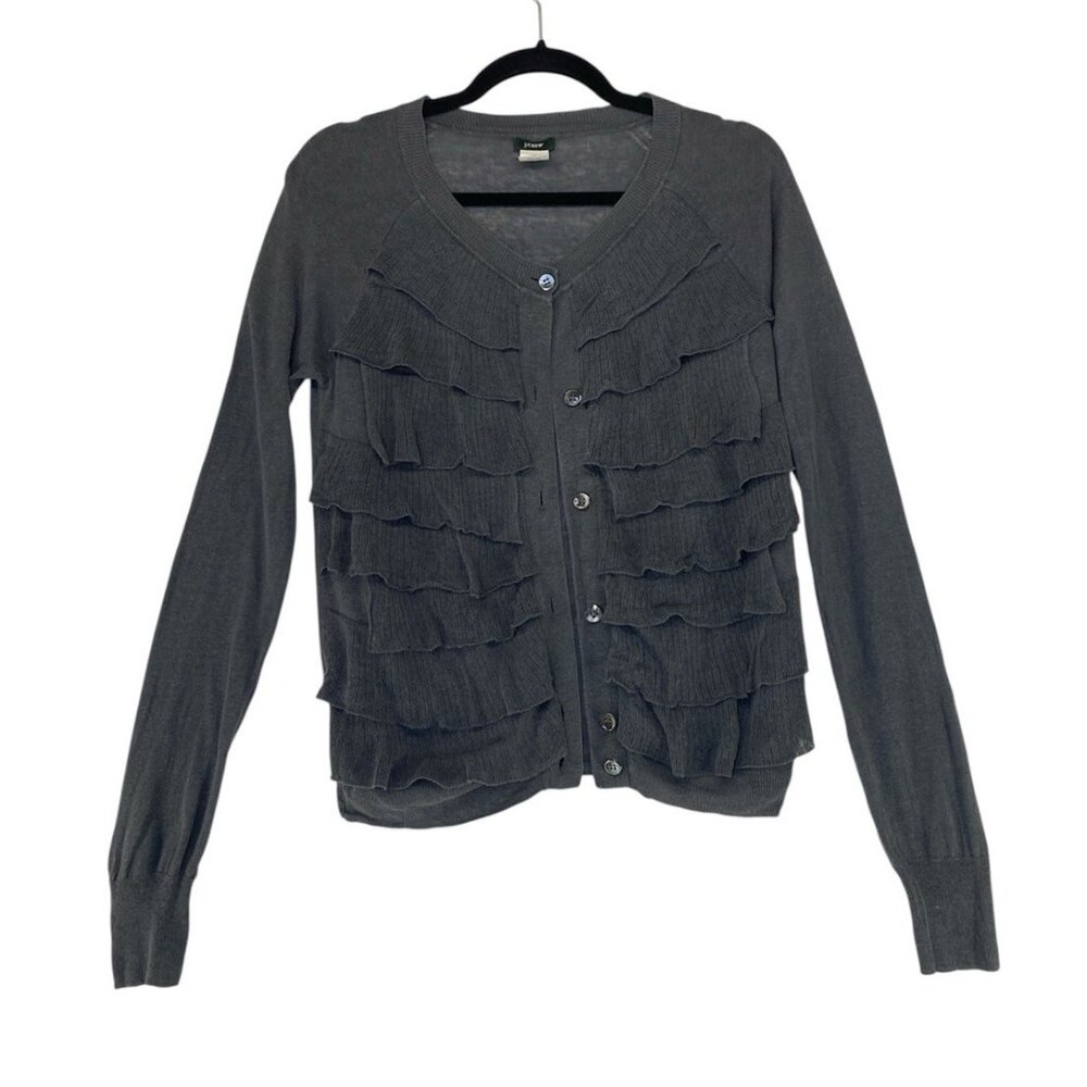 J.Crew Gray Ruffle Cardigan Silk Linen Long Sleeve Lightweight Semi Sheer S - M - Picture 2 of 9